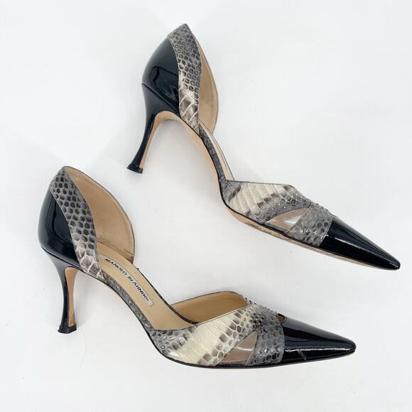 Manolo Blahnik Black Patent Snakeskin Plexi D’Orsay Pointed Toe Heels IT 40 - Picture 4 of 13